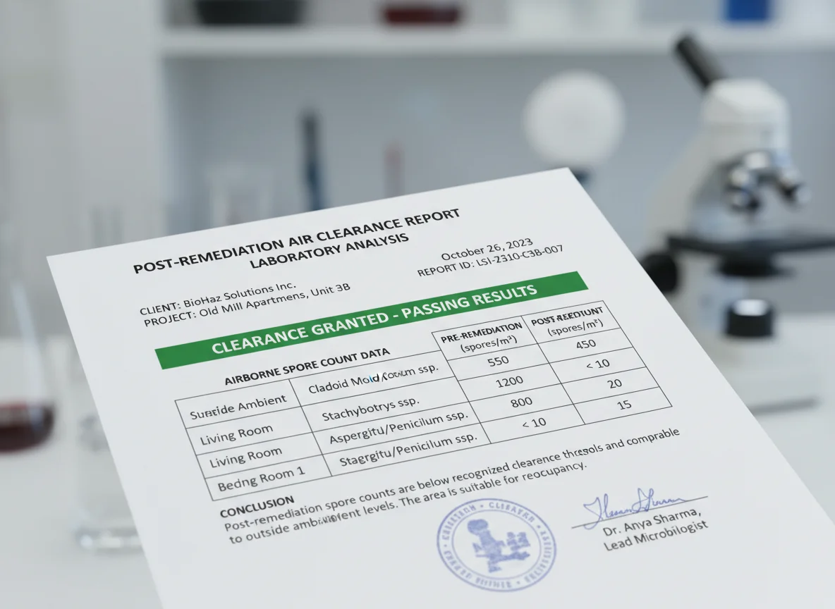 Laboratory air quality report showing passing spore count results
