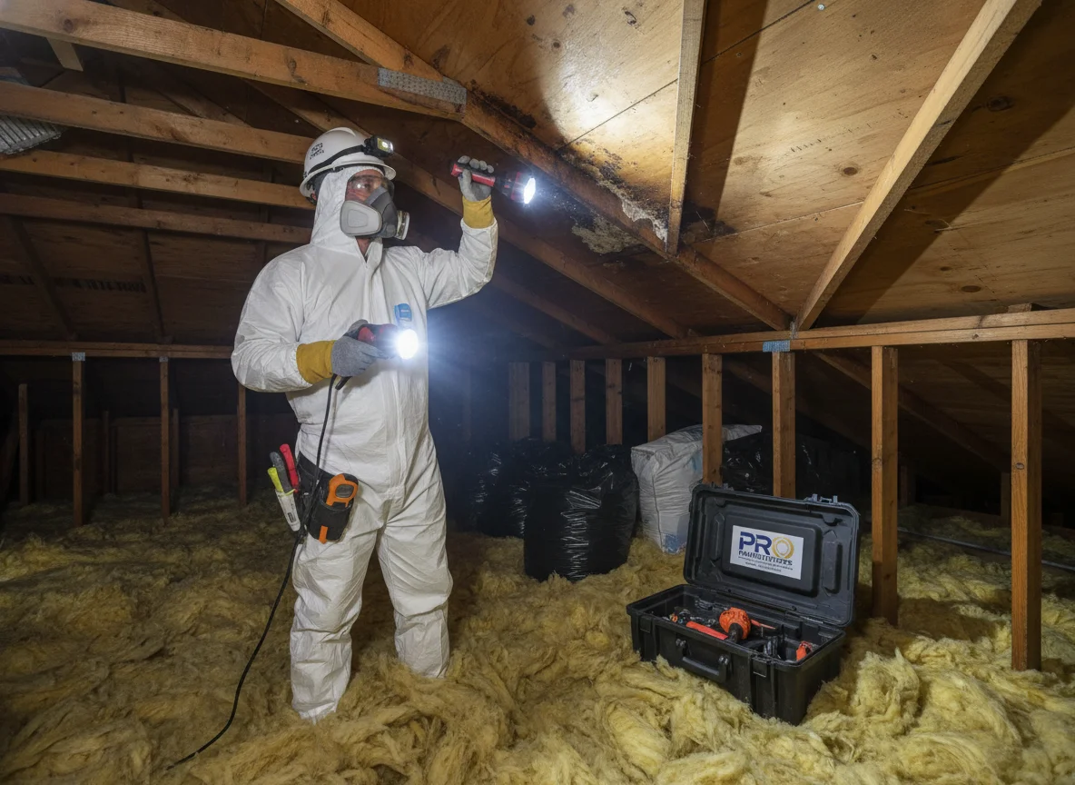 Professional technician inspecting attic insulation in a Georgia home