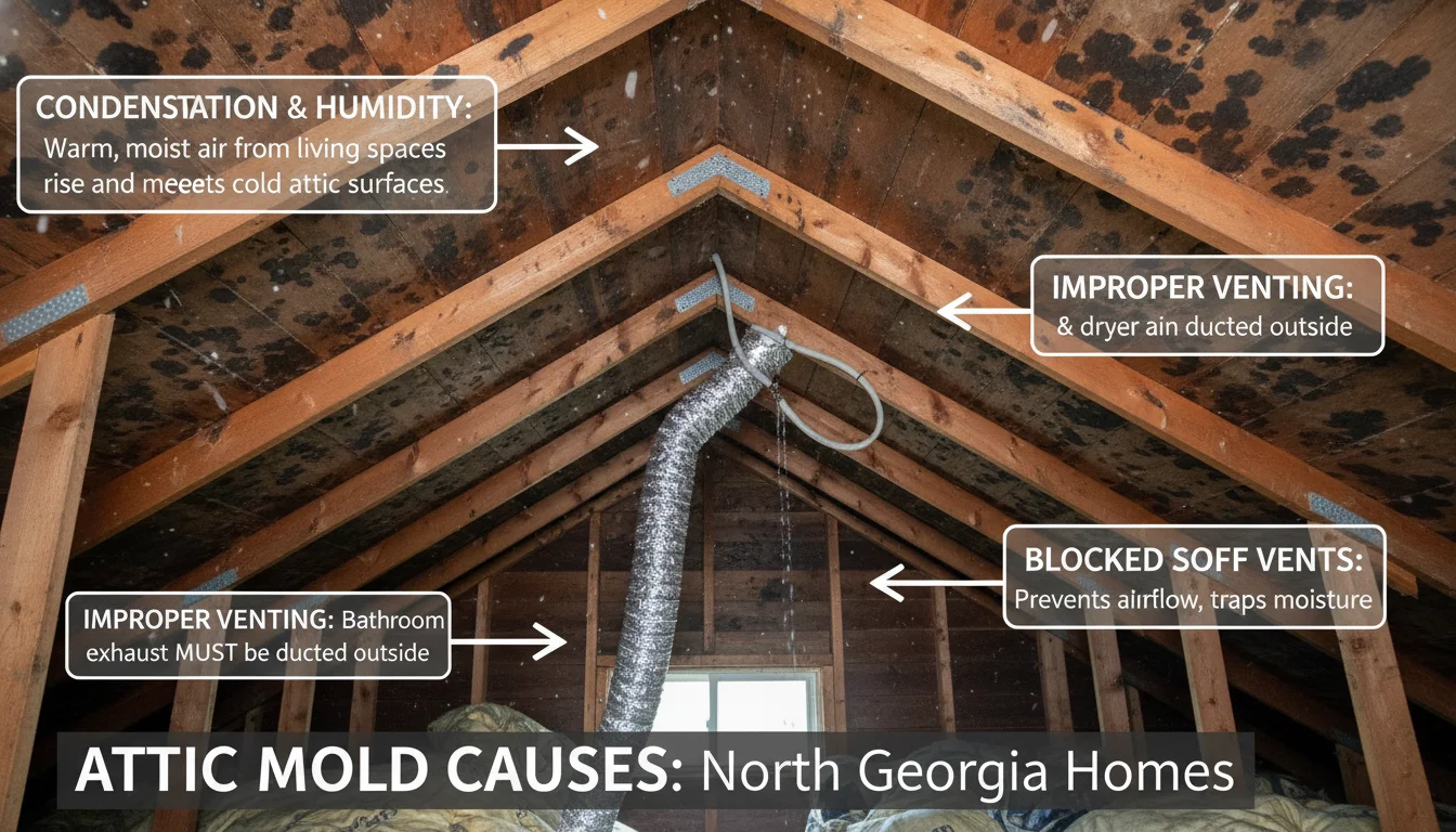 Residential attic in North Georgia showing staining on roof sheathing