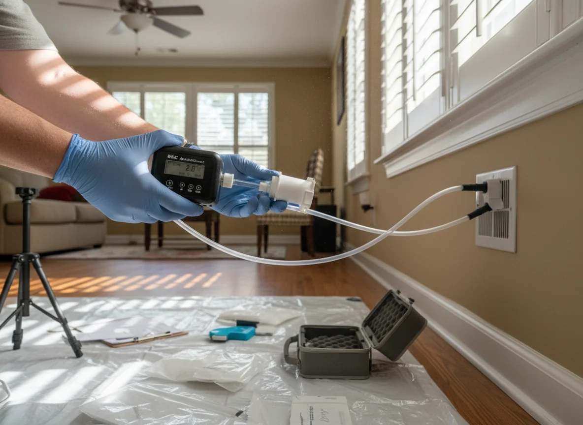 Professional air sampling equipment collecting samples in a Georgia home