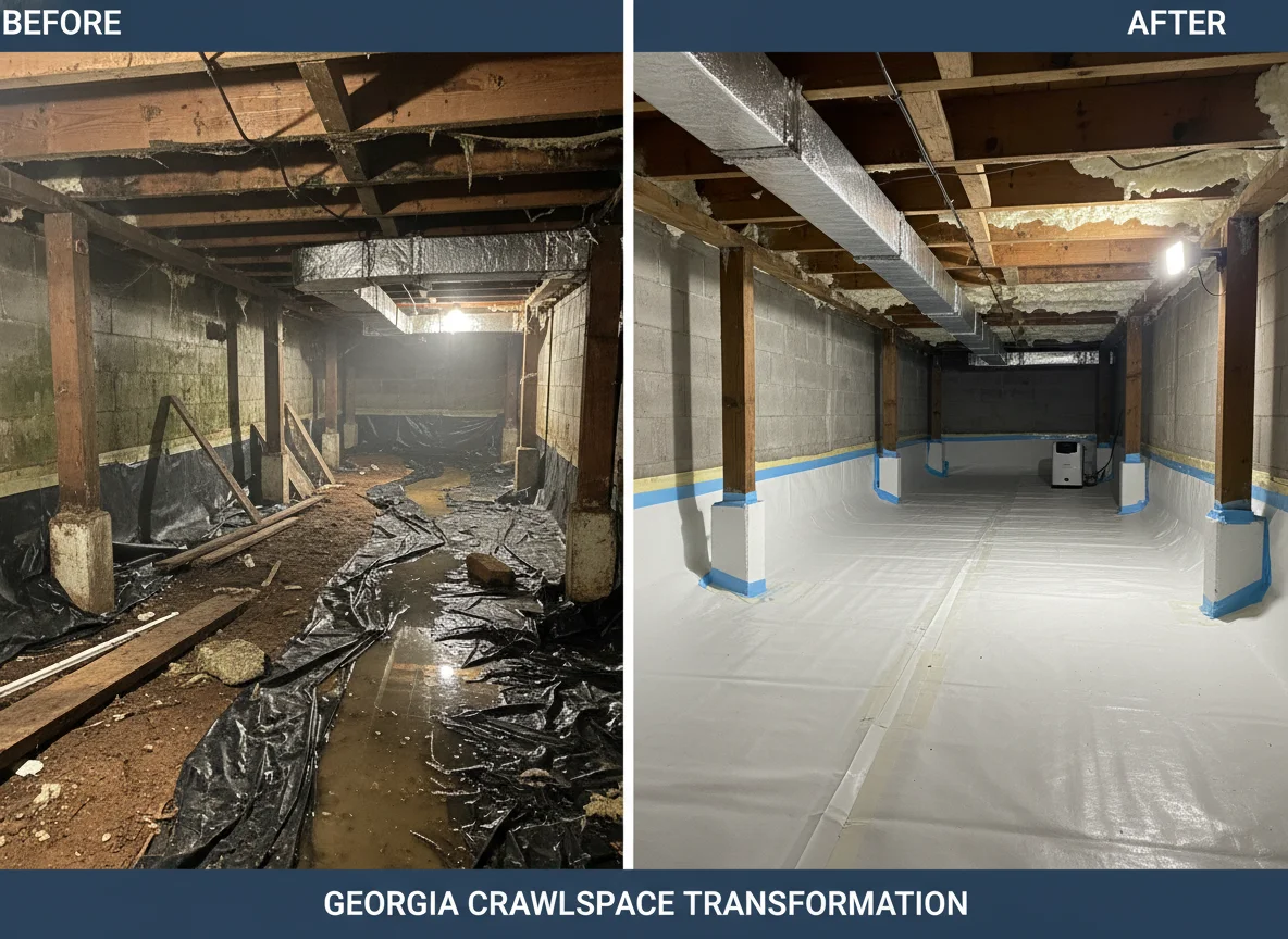 Before-and-after comparison of damp versus encapsulated crawlspace