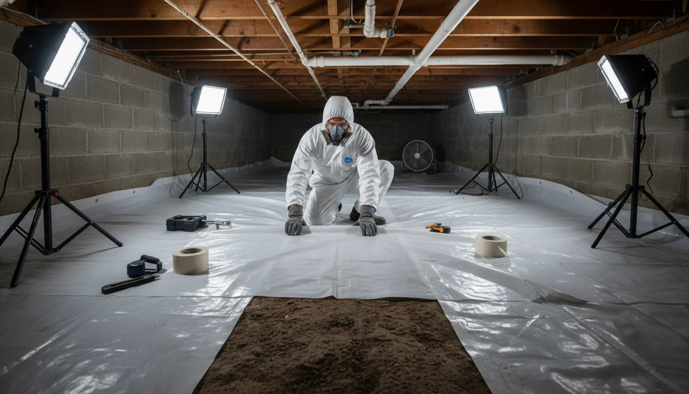 Technician installing vapor barrier in a Georgia residential crawlspace