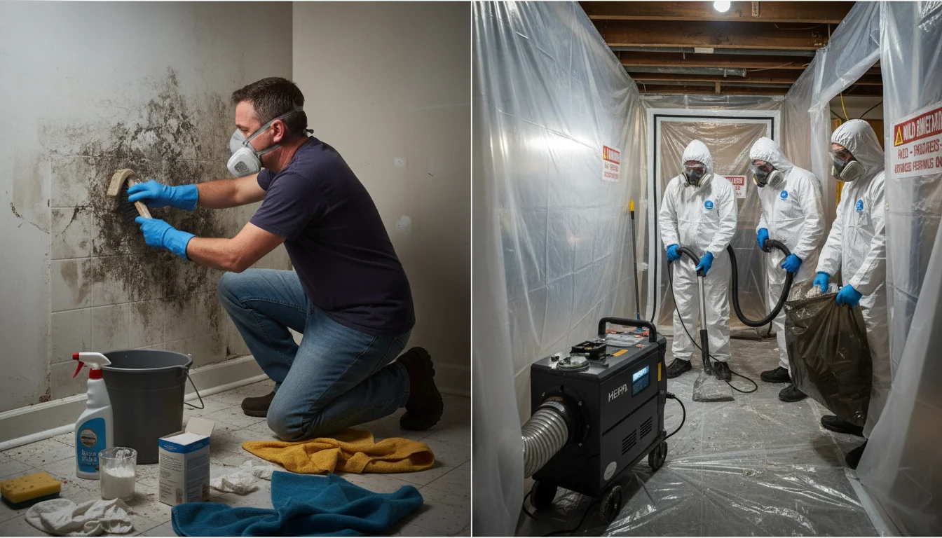 Side-by-side comparison of DIY mold cleaning versus professional remediation