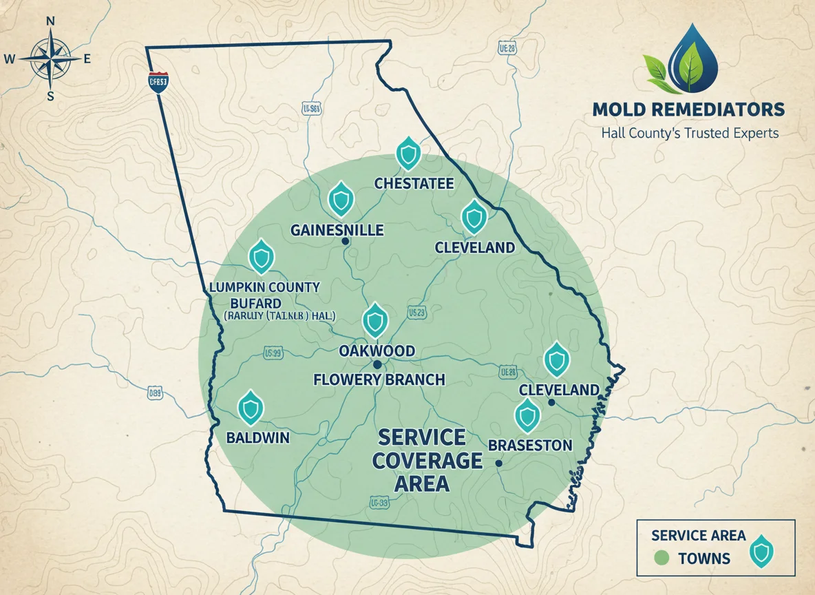 Service area map of Hall County, GA towns covered by mold remediation services