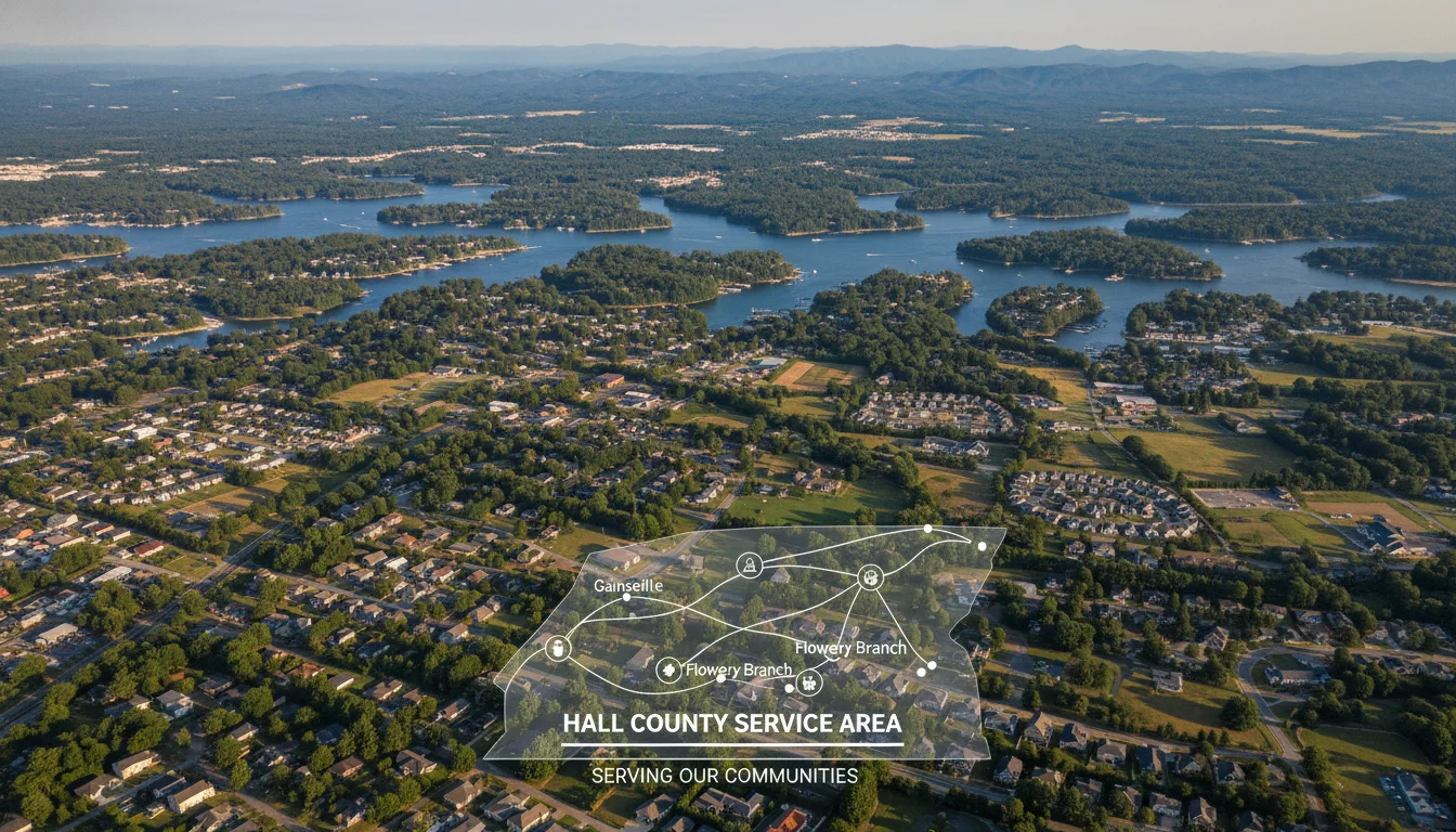Aerial view of Hall County, GA residential neighborhoods near Lake Lanier