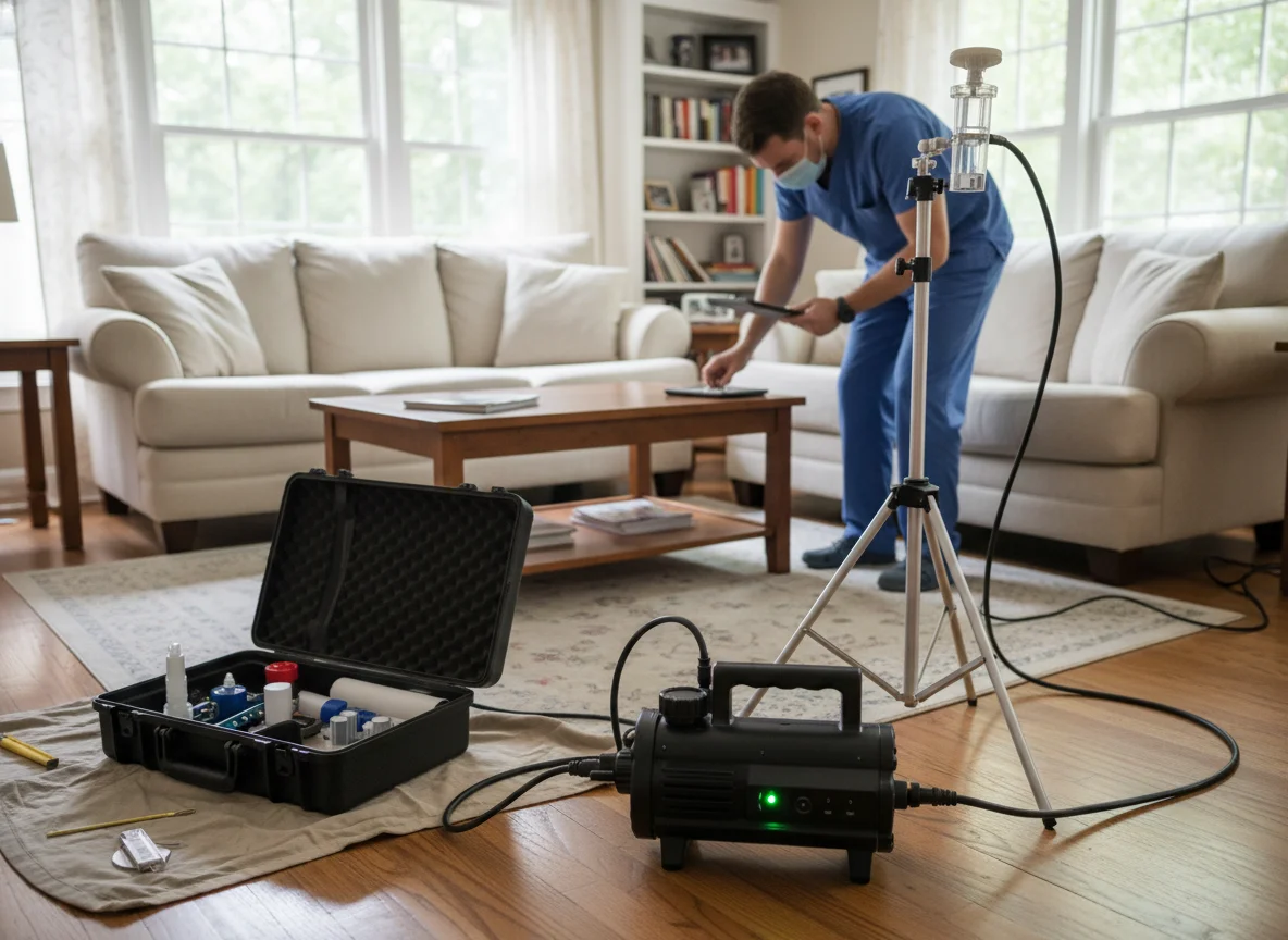 Professional air quality testing equipment in a Gainesville, GA home