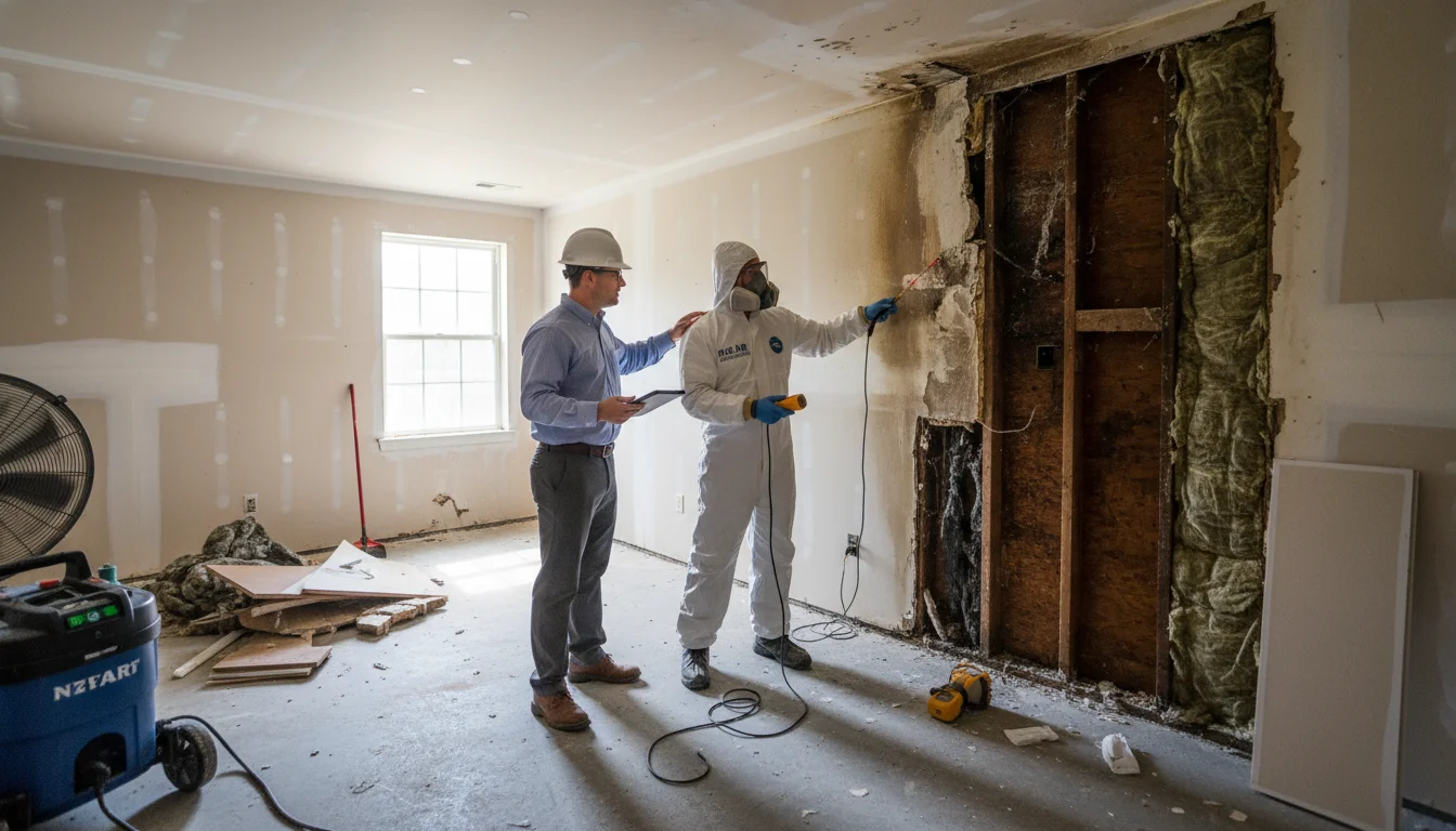 Insurance adjuster inspecting water damage with mold remediation contractor