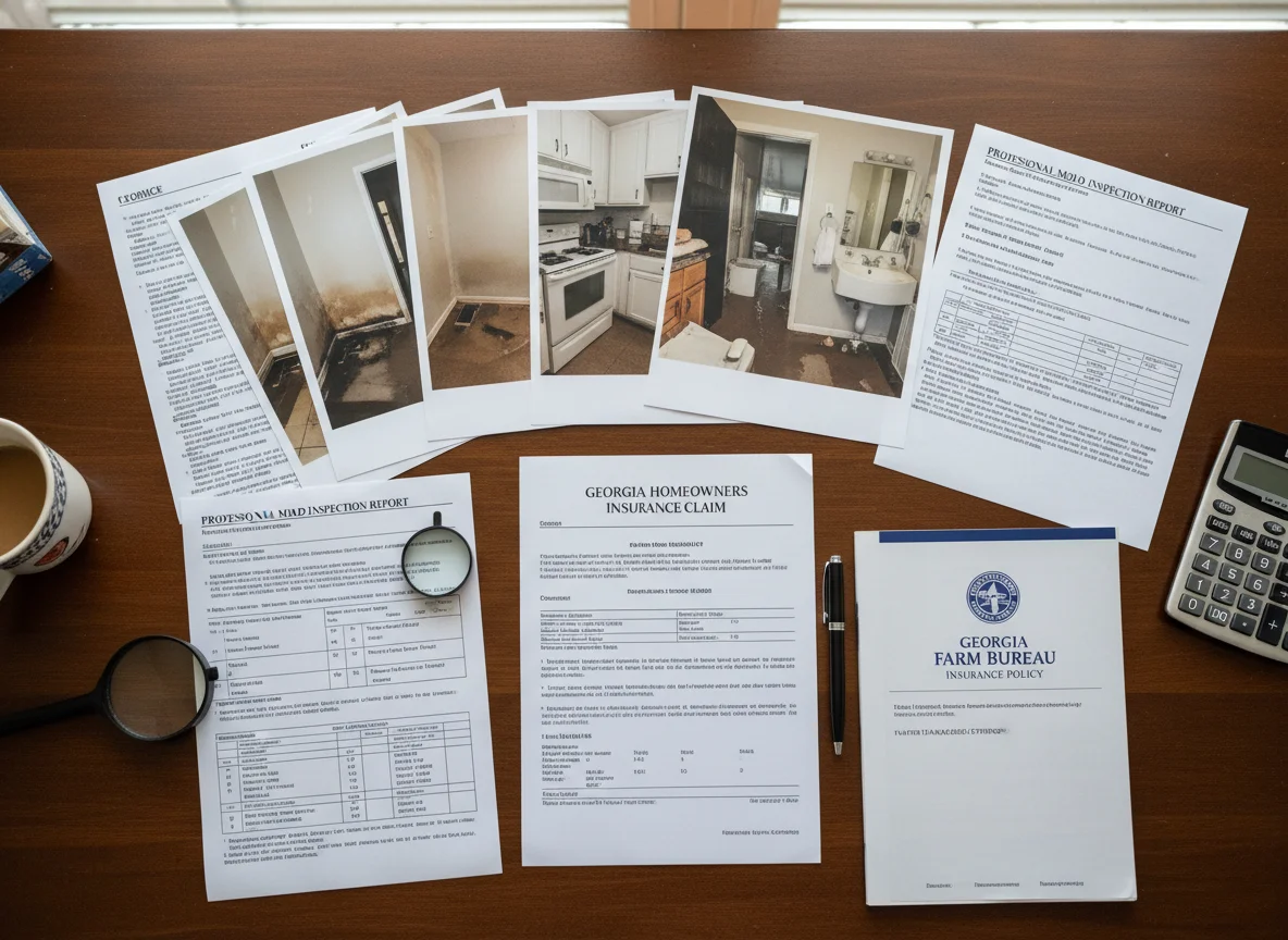 Insurance claim documents with mold inspection report for Georgia homeowners