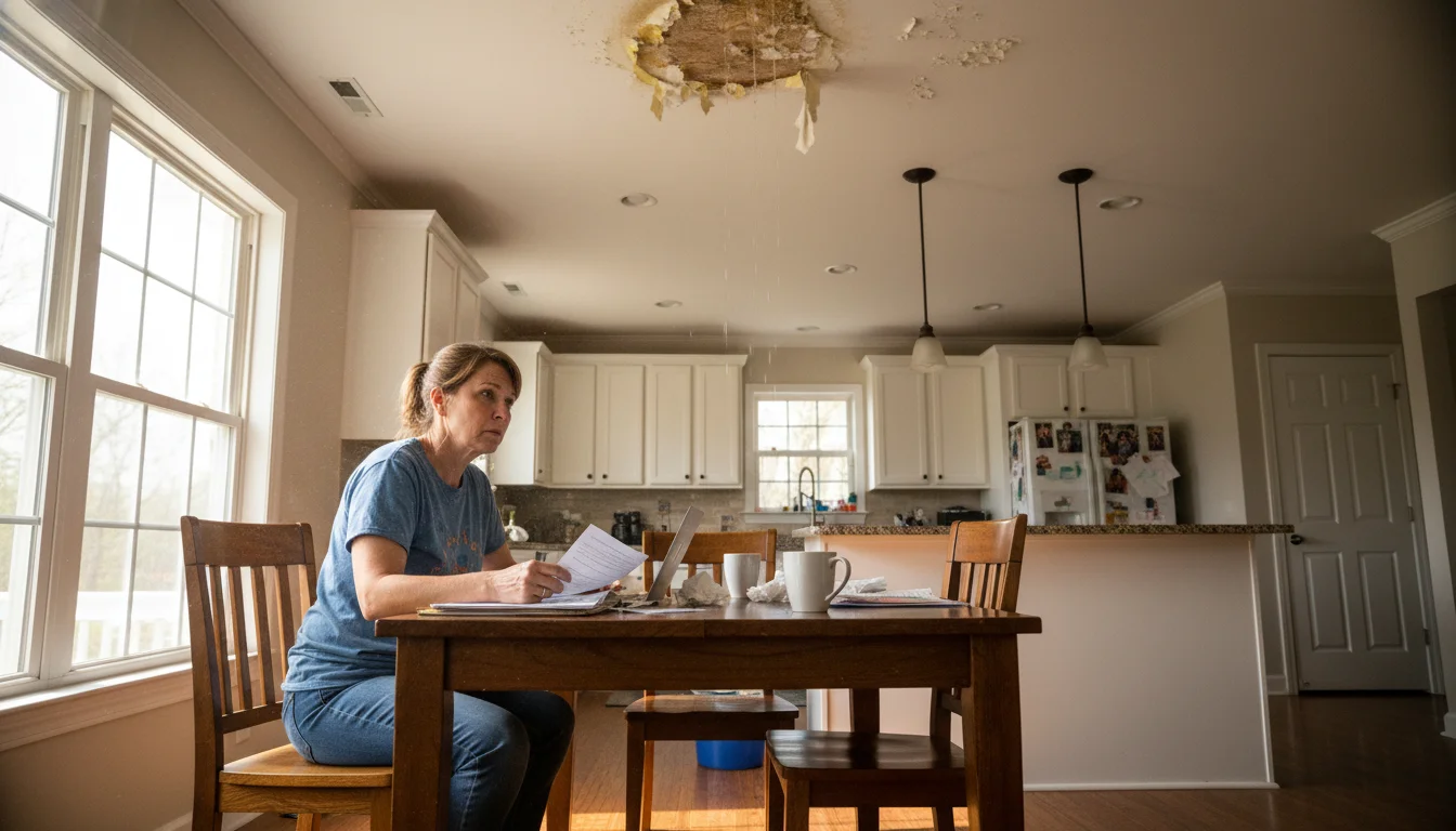 Georgia homeowner reviewing insurance documents near water-damaged ceiling