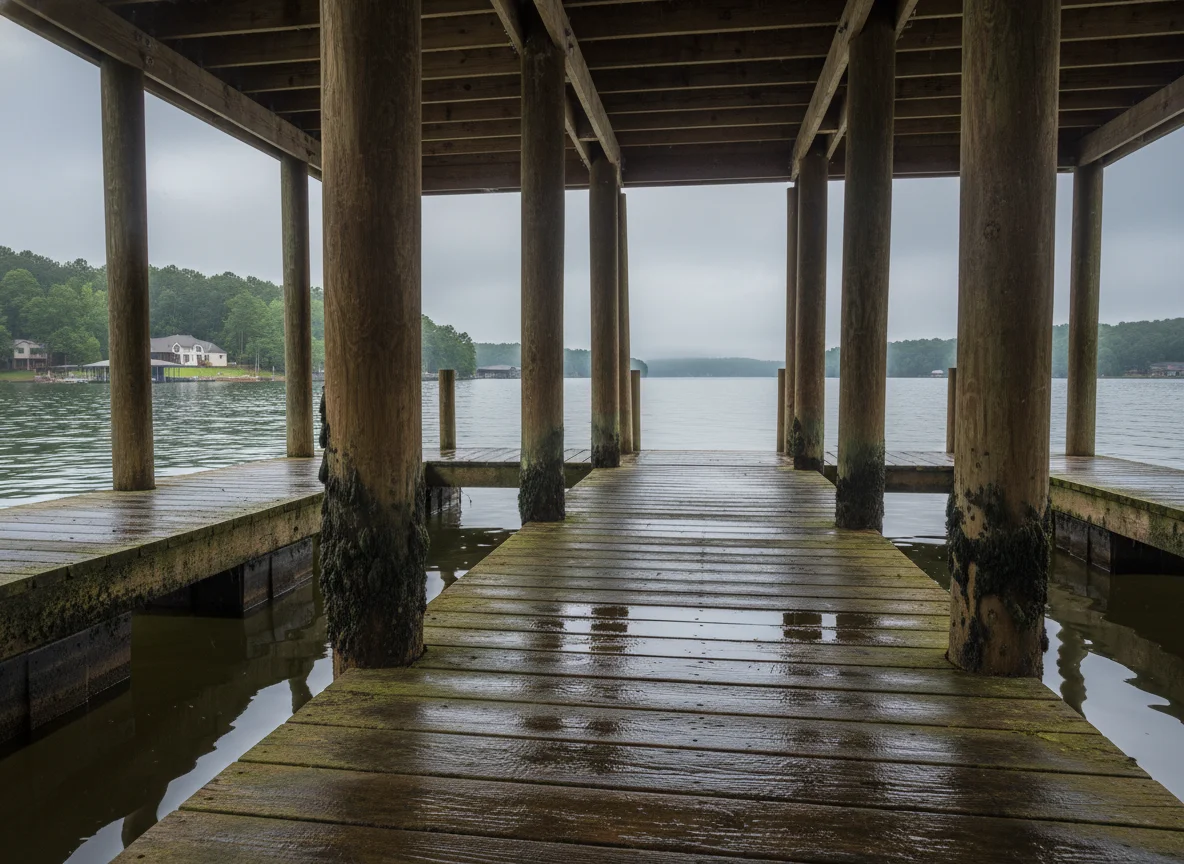 Boathouse and dock at Lake Lanier, GA showing moisture weathering