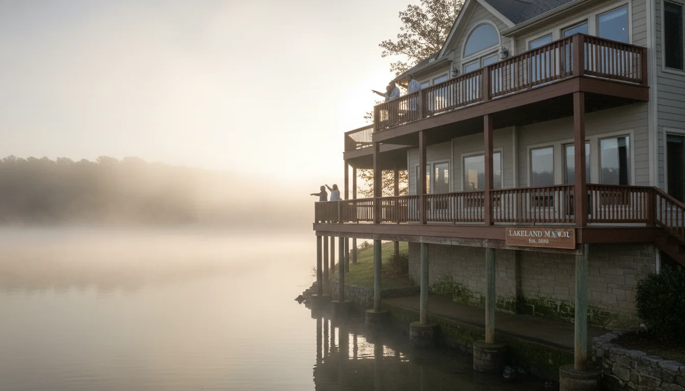 Lake Lanier waterfront home in Georgia with morning mist