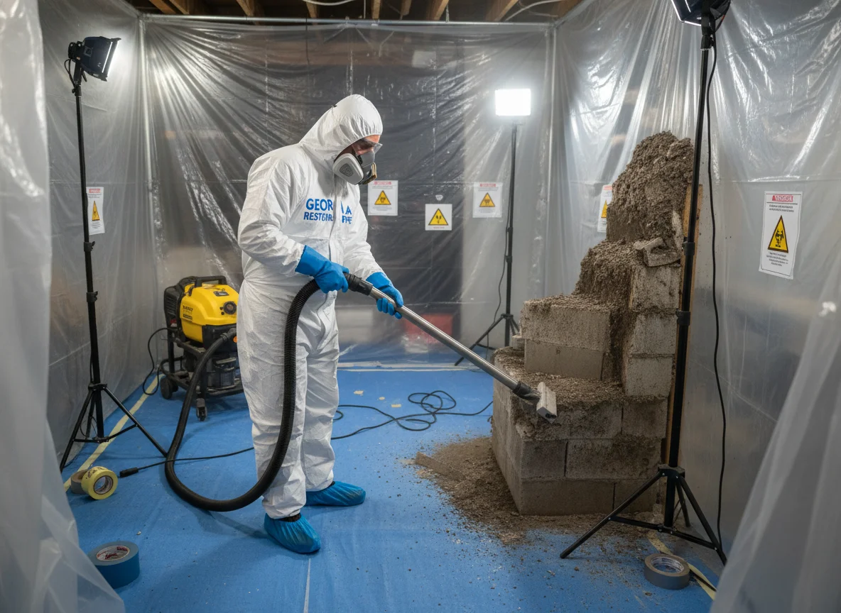 Professional technician using HEPA vacuum in contained workspace