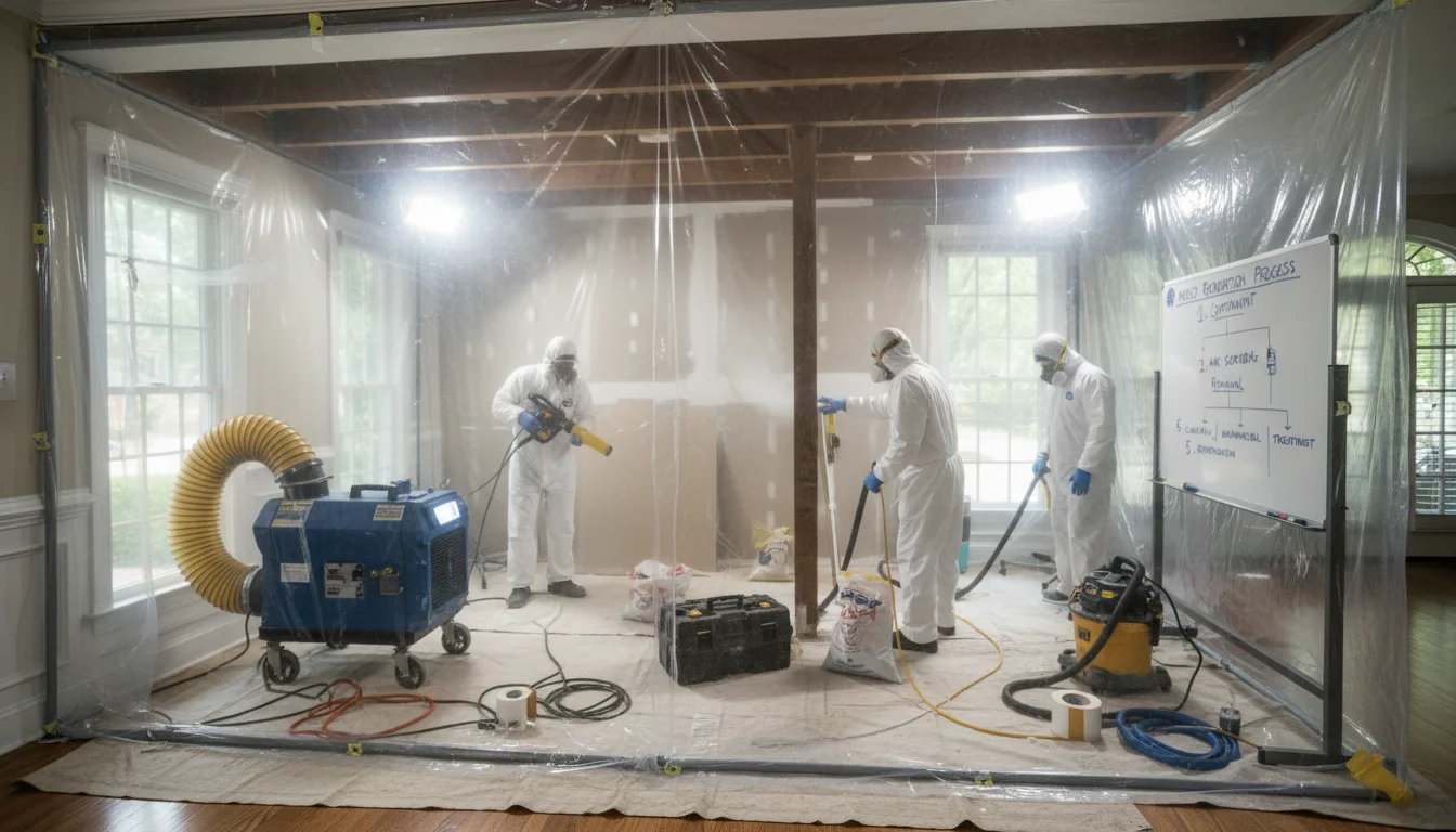 Professional mold remediation containment zone with HEPA air scrubber