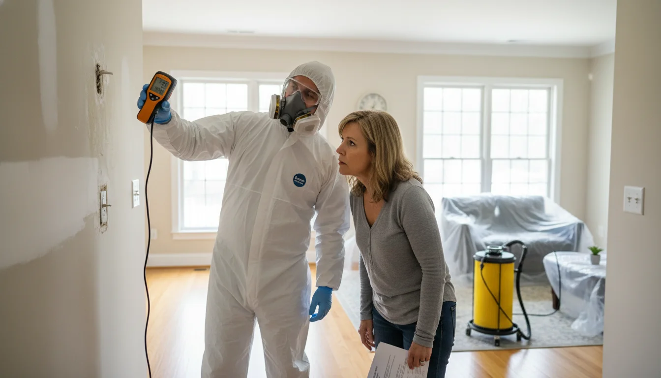 Professional mold inspector showing moisture reading to a Georgia homeowner