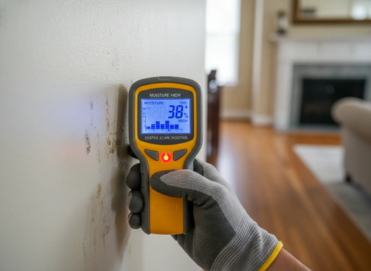 Professional moisture meter reading on a damp wall in a Georgia home