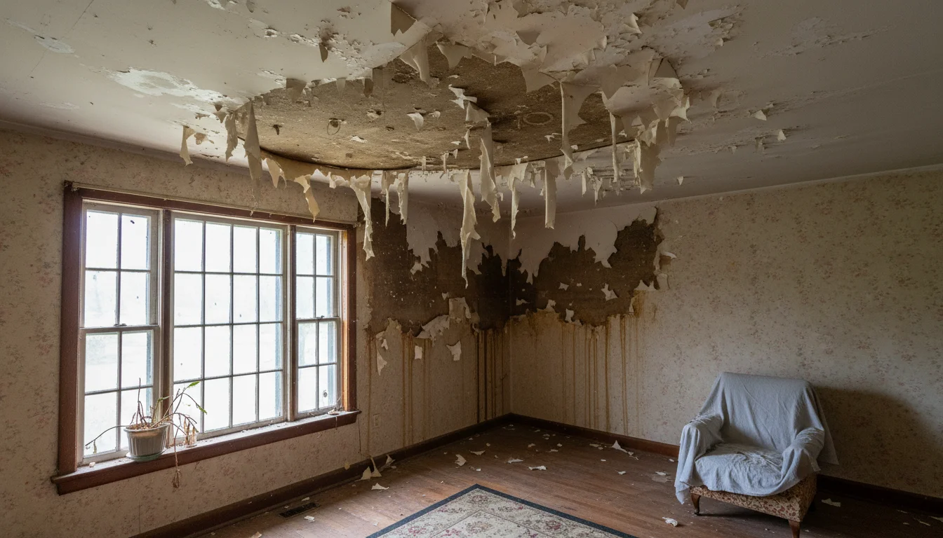 Visible water damage on ceiling with peeling paint in a Hall County, GA home