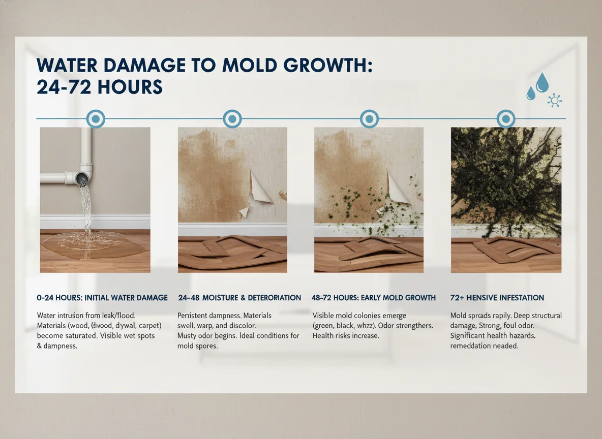 Timeline of water damage progressing to mold growth over 24-72 hours