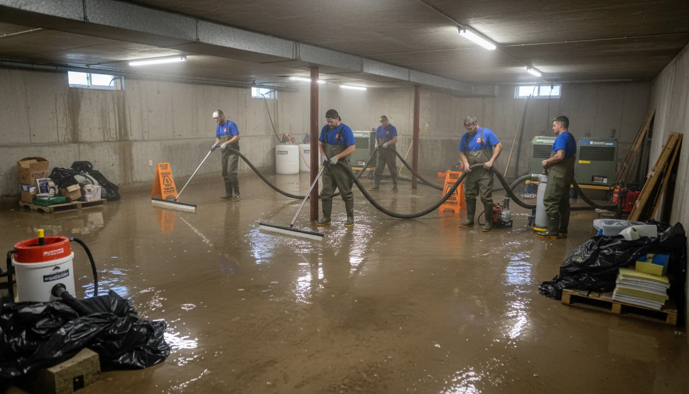 Emergency water extraction in progress in a flooded Gainesville, GA basement
