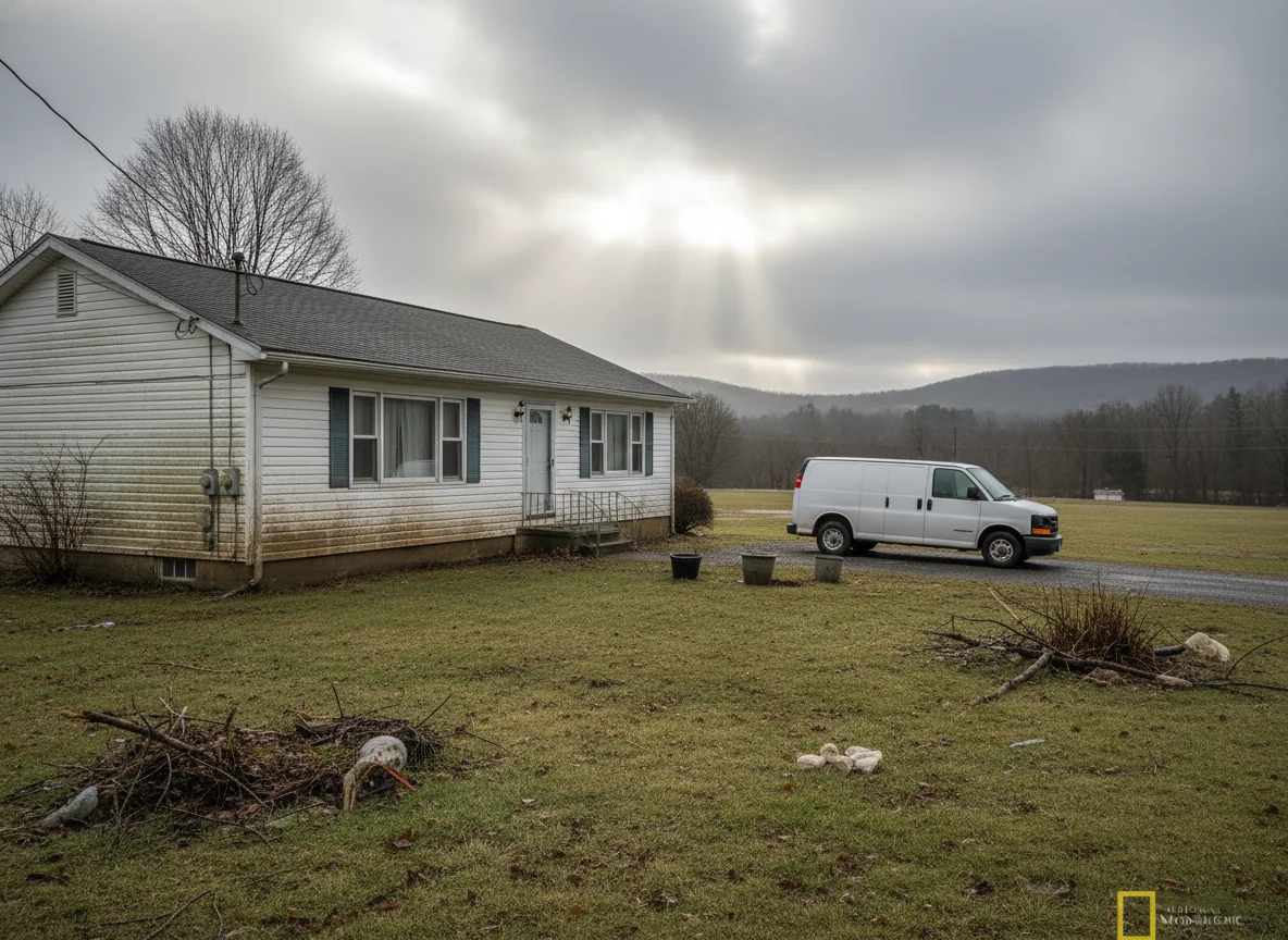 Single-story home in Dutchess County after a flood, with a mold remediation work van in the driveway