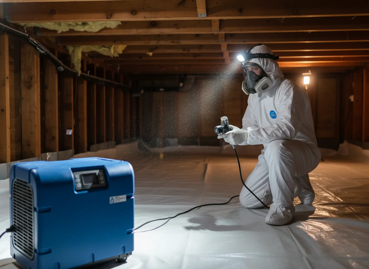 Mold remediation technician in white protective coveralls and respirator applying antimicrobial treatment in a residential crawl space with fresh vapor barrier and a commercial dehumidifier