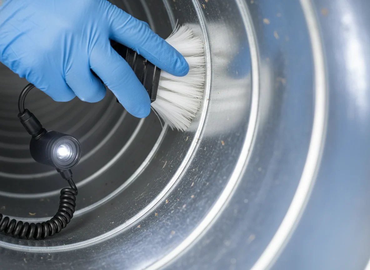 Close-up of a gloved hand cleaning the inside of a galvanized steel HVAC duct with a soft brush and an inspection light
