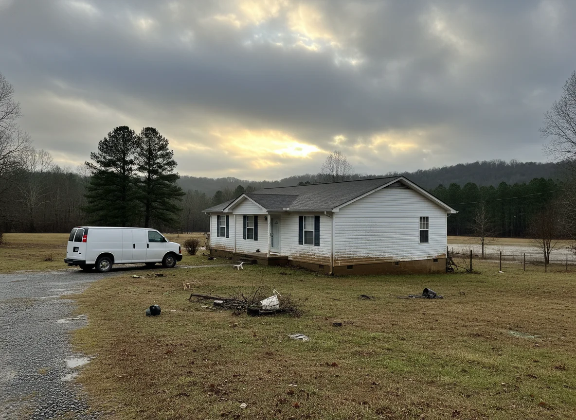 Single-story home in Polk County after a flood, with a mold remediation work van in the driveway