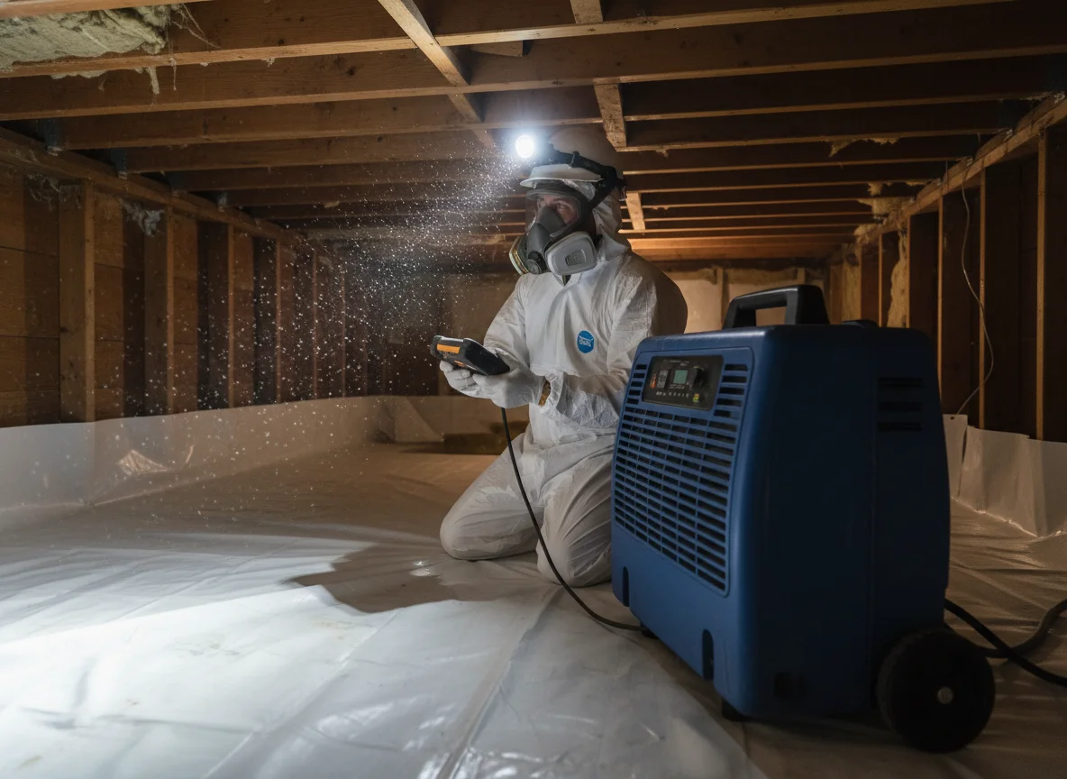Mold remediation technician in white protective coveralls and respirator applying antimicrobial treatment in a residential crawl space with fresh vapor barrier and a commercial dehumidifier