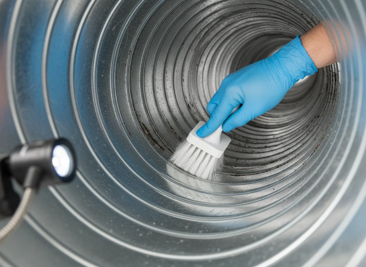 Close-up of a gloved hand cleaning the inside of a galvanized steel HVAC duct with a soft brush and an inspection light