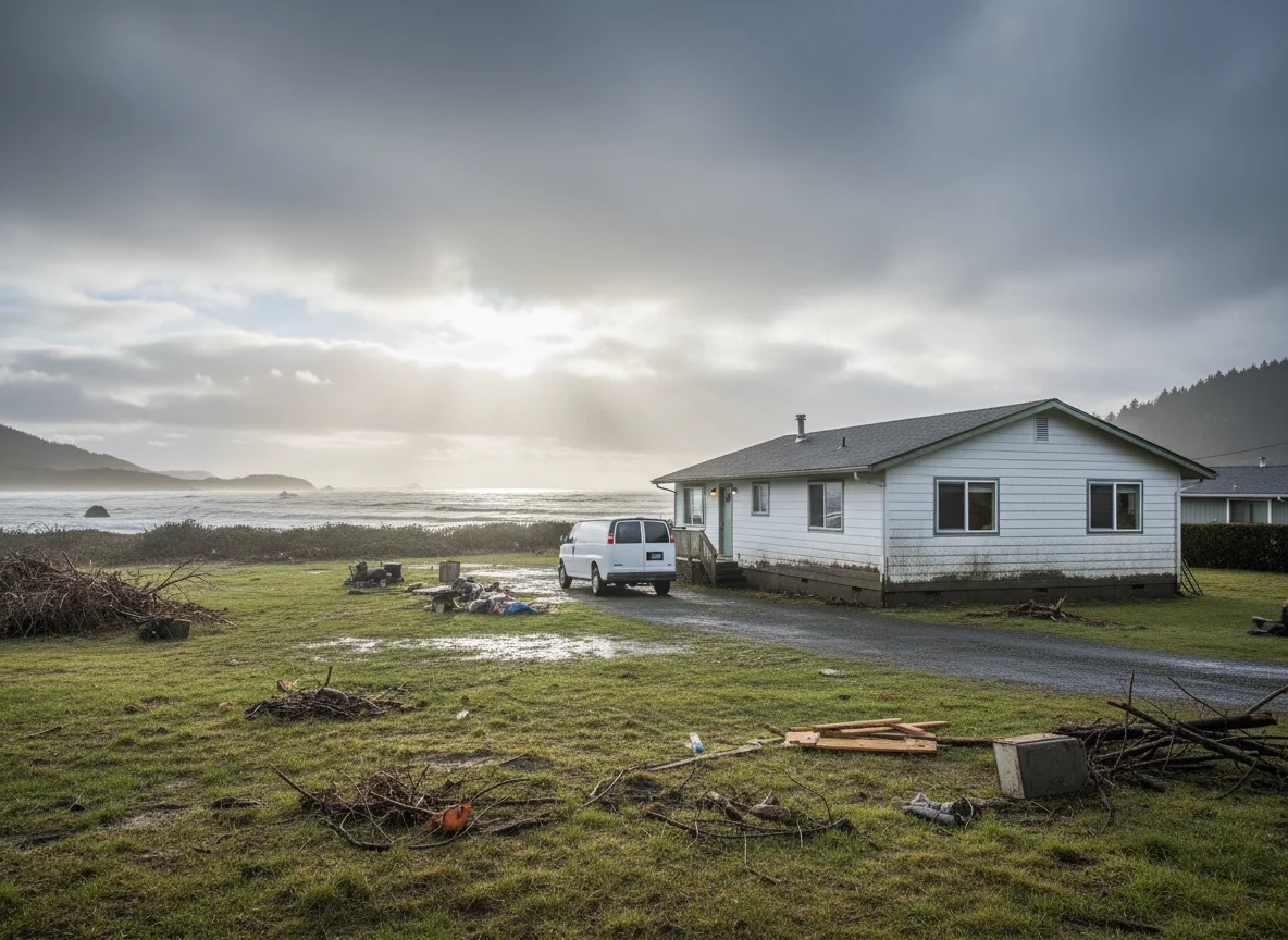 Single-story home in Clatsop County after a flood, with a mold remediation work van in the driveway