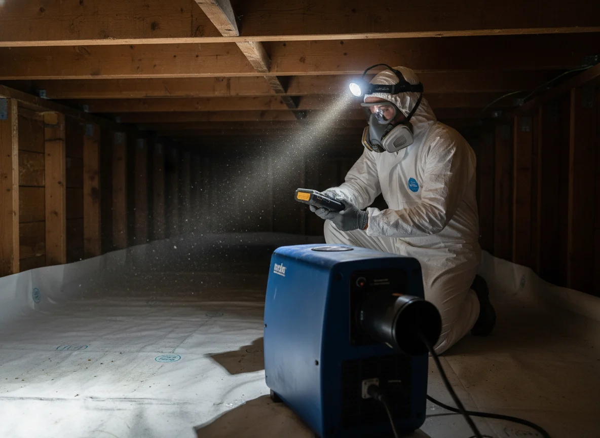 Mold remediation technician in white protective coveralls and respirator applying antimicrobial treatment in a residential crawl space with fresh vapor barrier and a commercial dehumidifier
