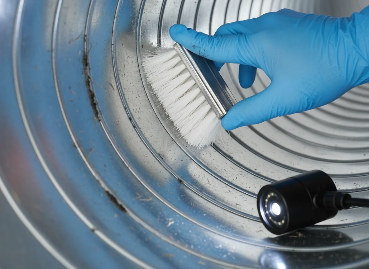 Close-up of a gloved hand cleaning the inside of a galvanized steel HVAC duct with a soft brush and an inspection light