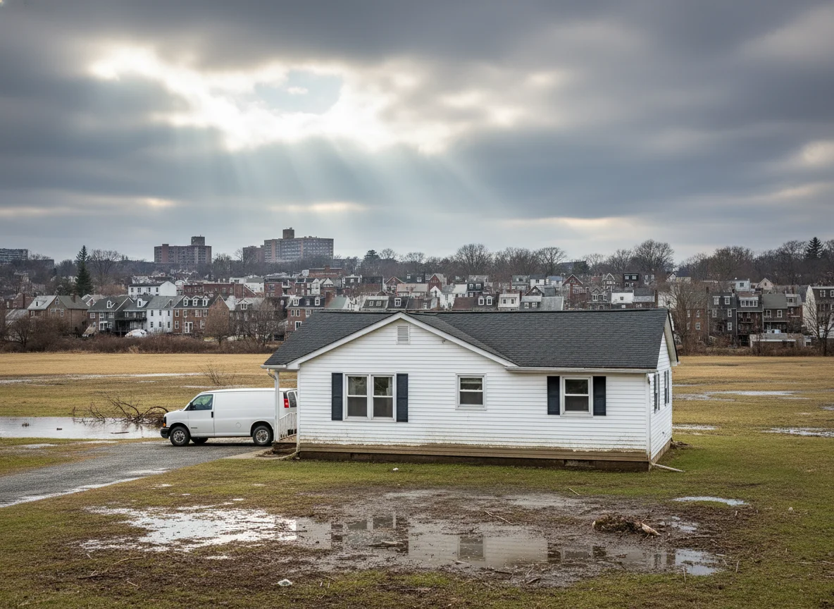 Single-story home in Dutchess County after a flood, with a mold remediation work van in the driveway