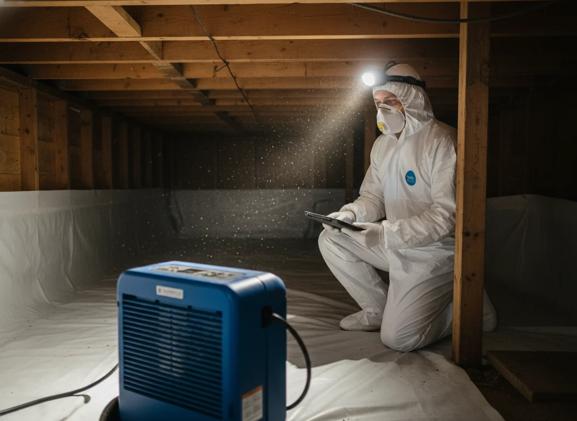 Mold remediation technician in white protective coveralls and respirator applying antimicrobial treatment in a residential crawl space with fresh vapor barrier and a commercial dehumidifier