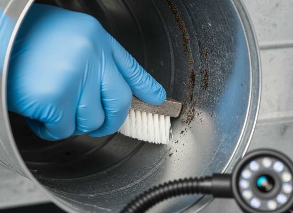 Close-up of a gloved hand cleaning the inside of a galvanized steel HVAC duct with a soft brush and an inspection light
