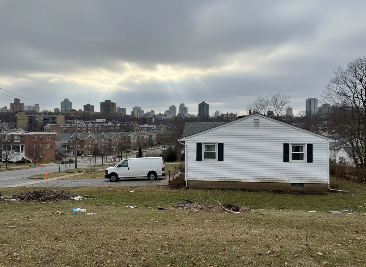 Single-story home in Nassau County after a flood, with a mold remediation work van in the driveway