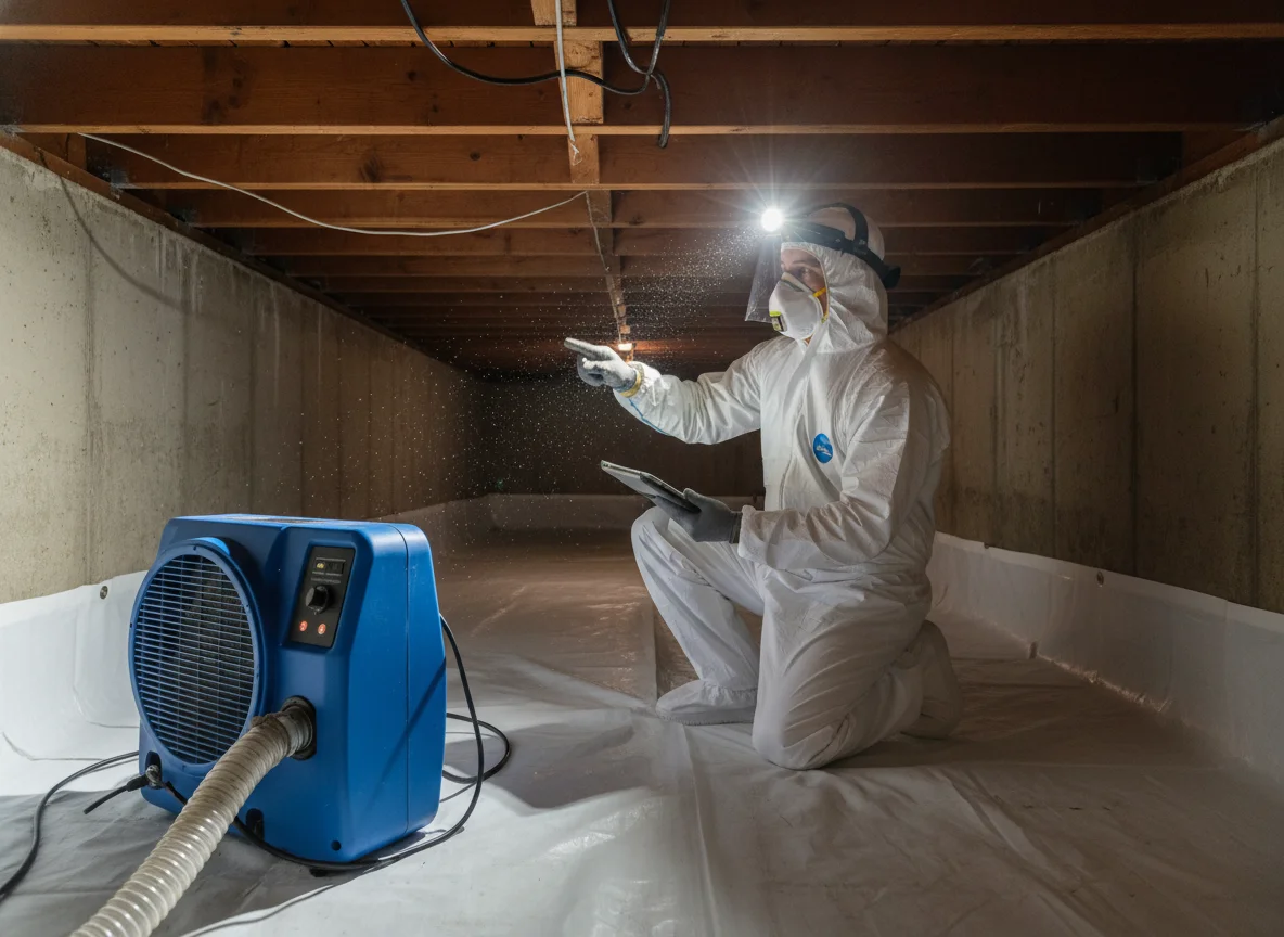 Mold remediation technician in white protective coveralls and respirator applying antimicrobial treatment in a residential crawl space with fresh vapor barrier and a commercial dehumidifier