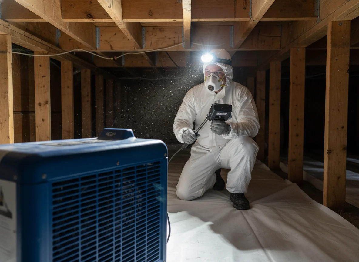 Mold remediation technician in white protective coveralls and respirator applying antimicrobial treatment in a residential crawl space with fresh vapor barrier and a commercial dehumidifier