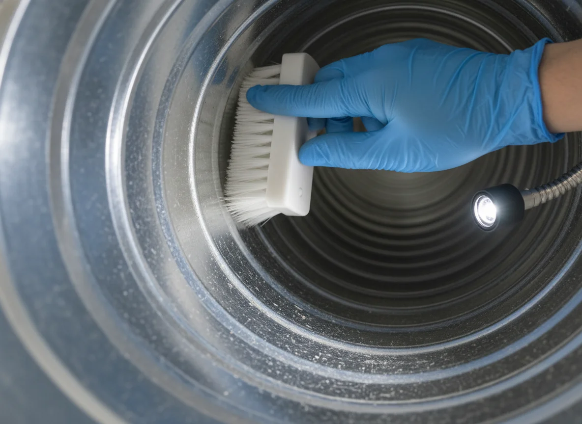 Close-up of a gloved hand cleaning the inside of a galvanized steel HVAC duct with a soft brush and an inspection light