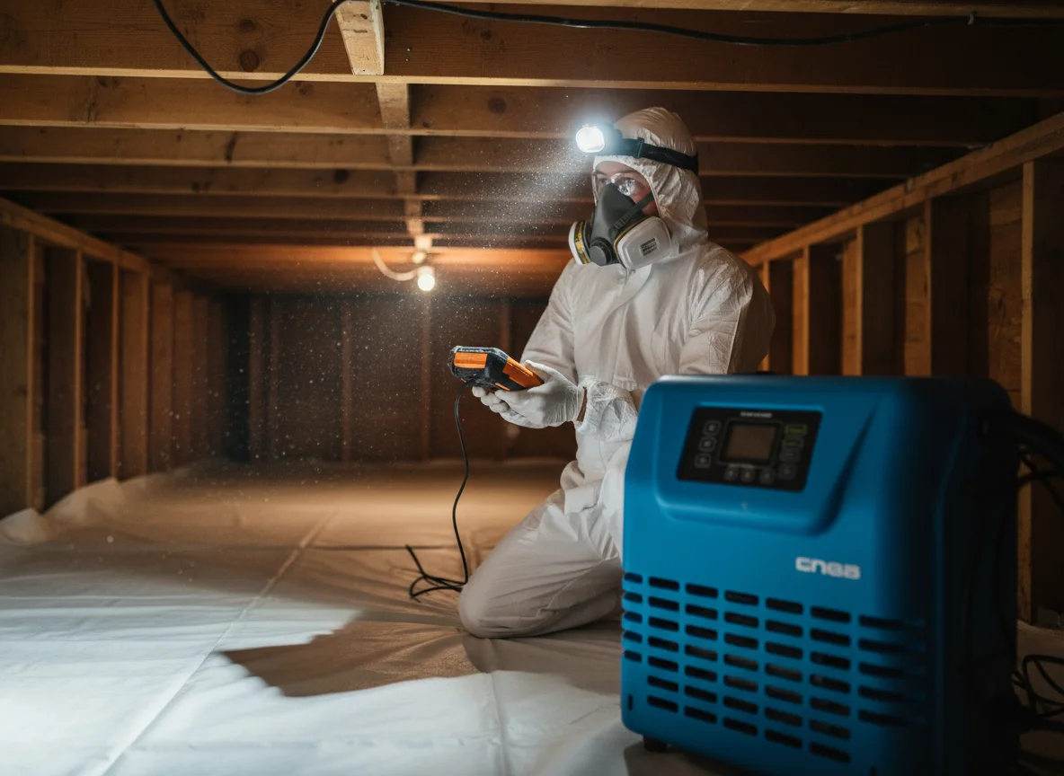 Emergency Water Damage Company 37043 Clarksville TN: white-suited mold remediation specialist installing a new vapor barrier across a residential crawl space, blue commercial dehumidifier in the foreground