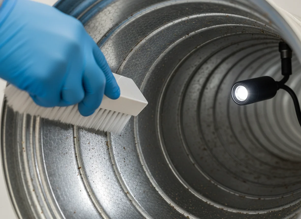 Emergency Water Damage Company 37043 Clarksville TN: blue-nitrile-gloved technician brushing the interior of a residential HVAC trunk line with an LED inspection lamp