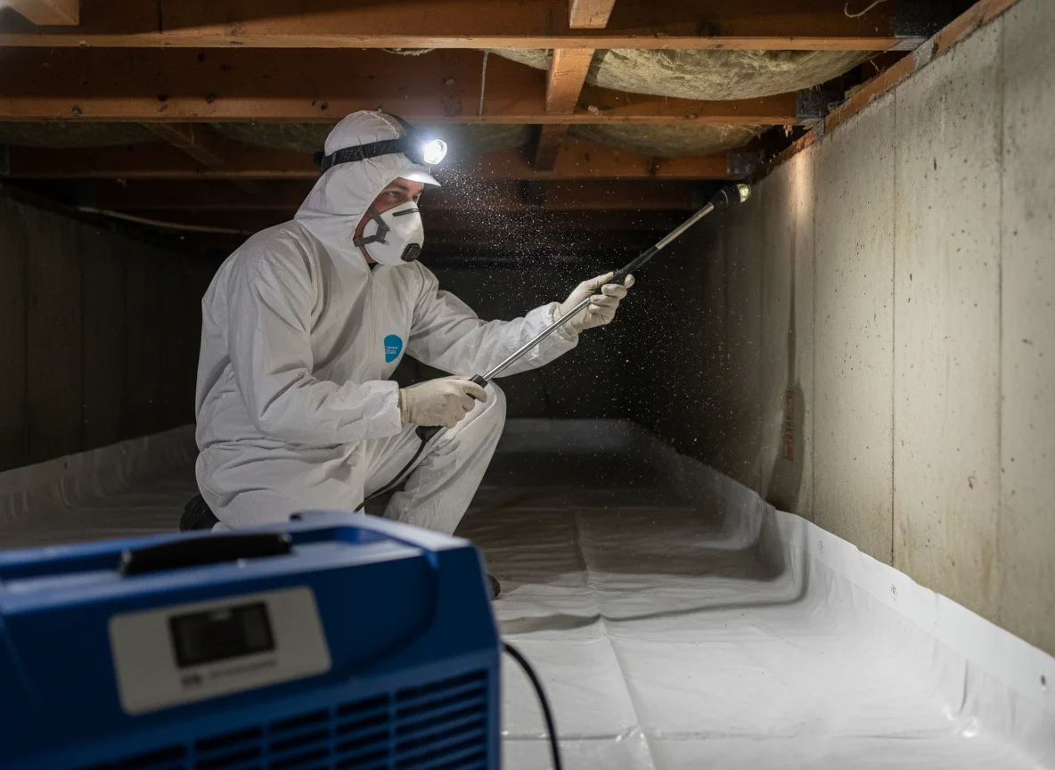 Mold Remediation Company 19703 Claymont DE: AMRT-certified crawl space technician applying biocide under joists with a 12-inch poly vapor barrier and HEPA scrubber running in the background