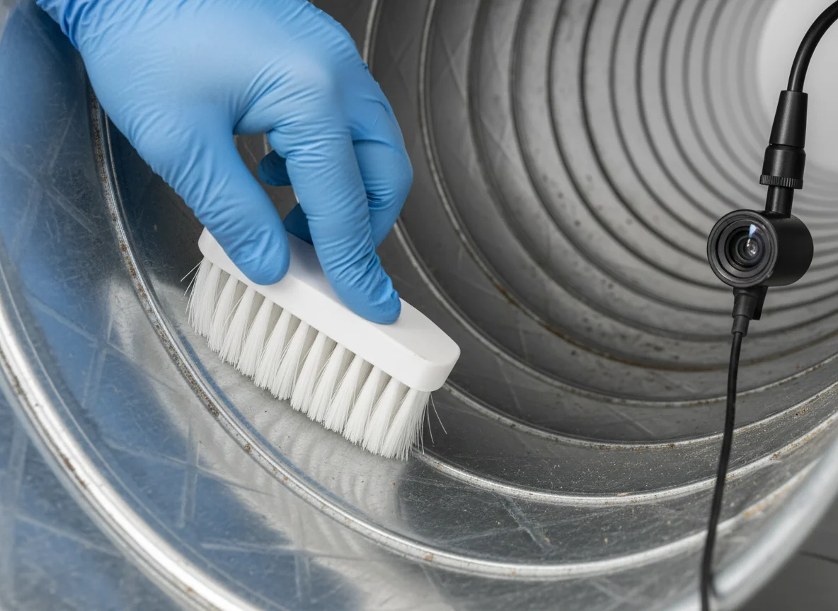 Mold Remediation Company 19703 Claymont DE: blue-nitrile-gloved technician brushing the interior of a residential HVAC trunk line with an LED inspection lamp