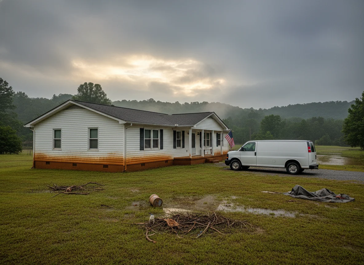 Restoration vehicle on-site for mold mitigation near me 30525 Clayton GA at a flood-affected Northeast Georgia foothills residence under overcast sky