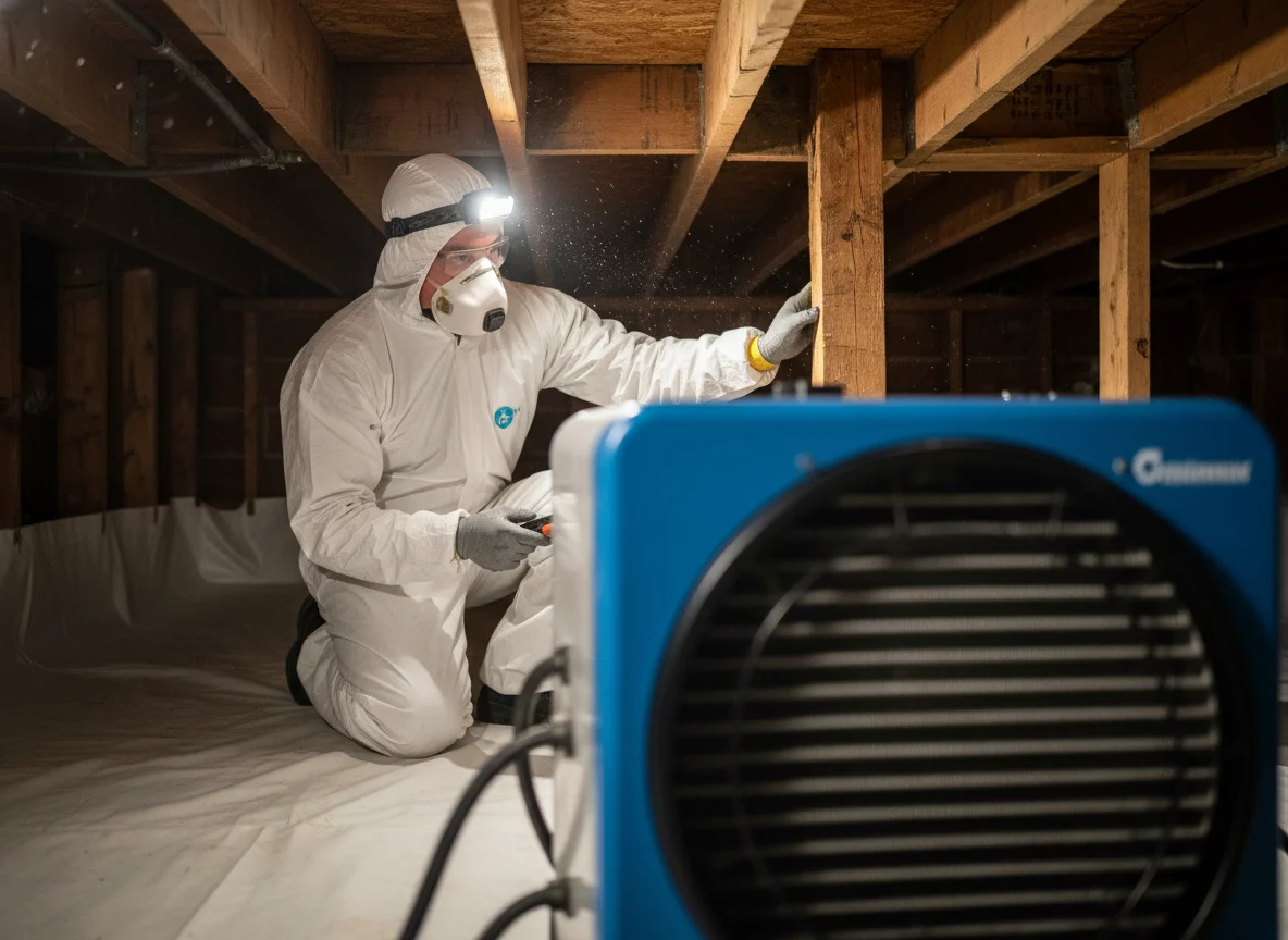 Mold Mitigation Near ME 30525 Clayton GA: residential crawl space mid-remediation with sealed containment, fresh polyethylene vapor barrier, and a commercial-grade refrigerant dehumidifier