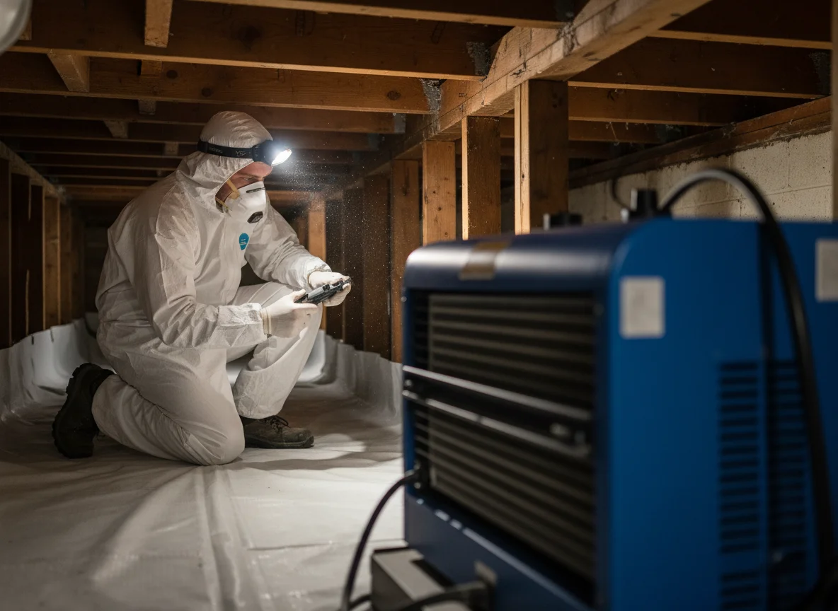 Emergency Water Damage Company 27520 Clayton NC: residential crawl space mid-remediation with sealed containment, fresh polyethylene vapor barrier, and a commercial-grade refrigerant dehumidifier