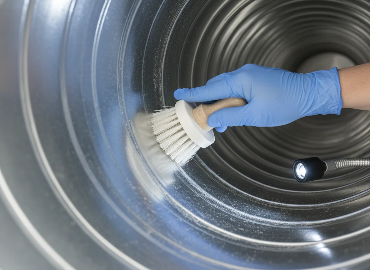 Emergency Water Damage Company 27520 Clayton NC: blue-nitrile-gloved technician brushing the interior of a residential HVAC trunk line with an LED inspection lamp