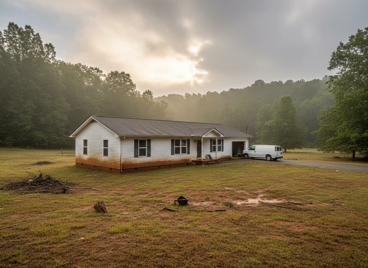  ranch-style home post-storm, white mold remediation free estimate 27012 Clemmons NC response van parked beside a saturated lawn