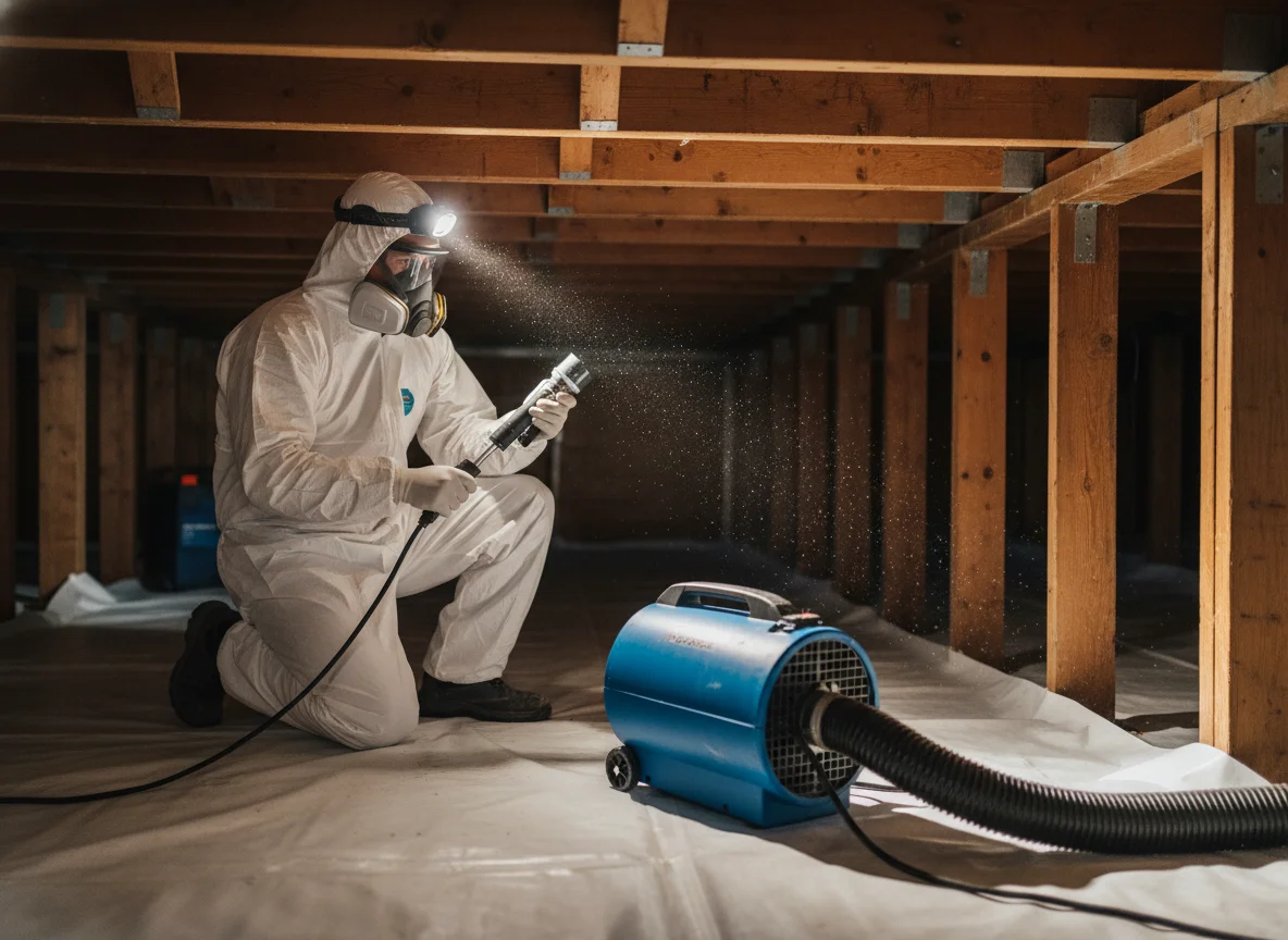 Mold Remediation Free Estimate 27012 Clemmons NC: IICRC-certified technician in protective coveralls applying antimicrobial treatment in a residential crawl space with fresh vapor barrier and a commercial dehumidifier