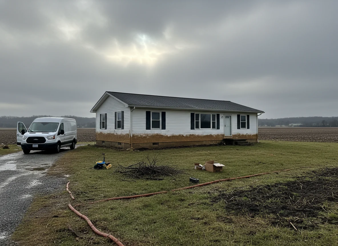 Single-story home in Northeast Ohio / Lake Erie corridor after a flood, with a crawl space mold remediation cost 44110 cleveland oh work van in the driveway