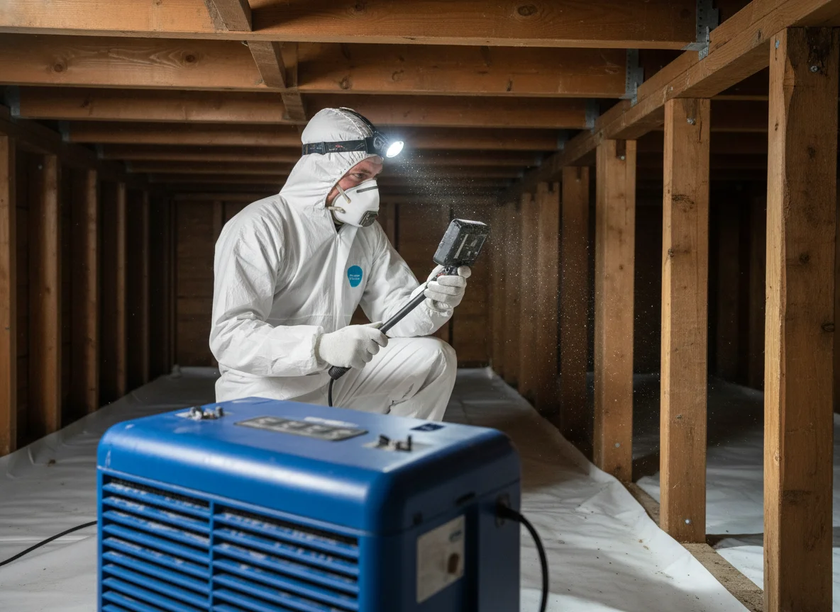 Crawl Space Mold Remediation Cost 44110 Cleveland OH: residential crawl space mid-remediation with sealed containment, fresh polyethylene vapor barrier, and a commercial-grade refrigerant dehumidifier